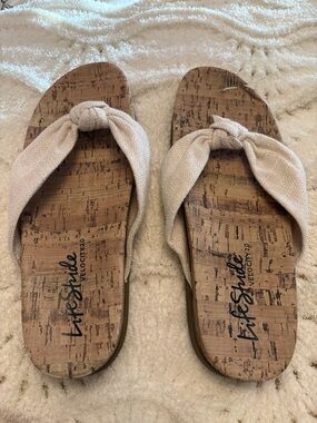 Life Stride Cream Knotted Fabric Cork-Effect Flip Flop Sandals